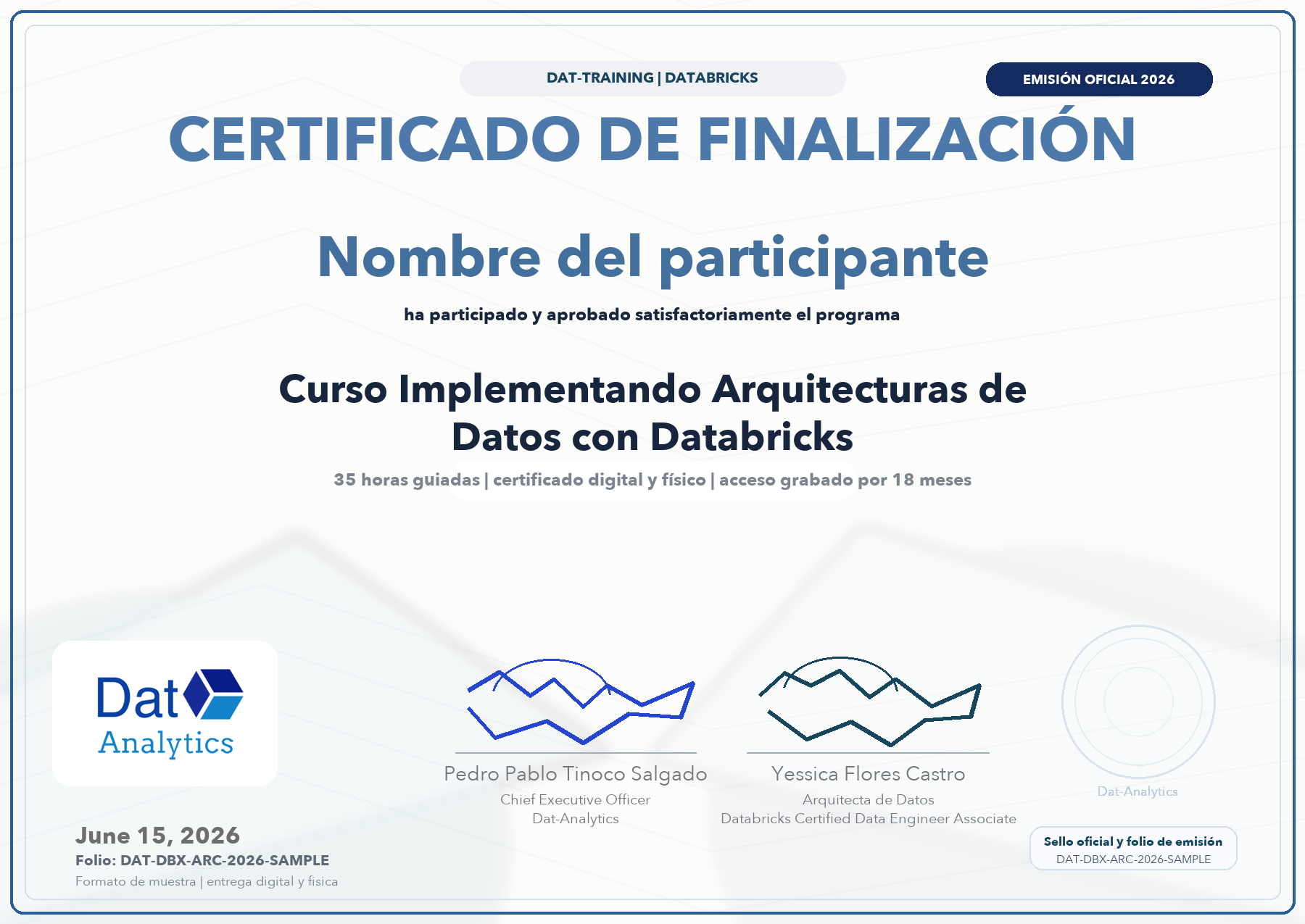 Ejemplo de certificado del curso Implementando Arquitecturas de Datos con Databricks
