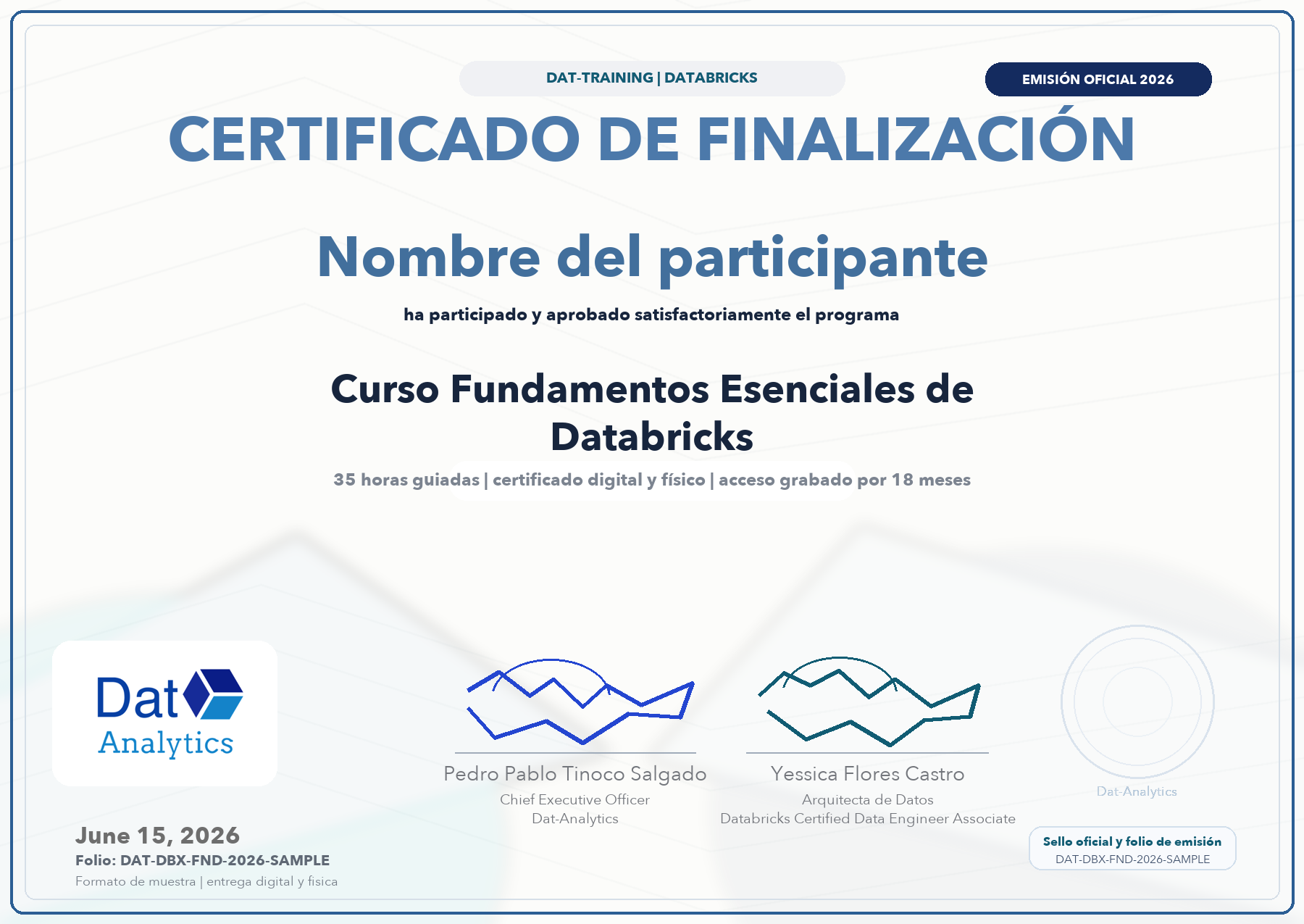 Ejemplo de certificado del curso Fundamentos Esenciales de Databricks