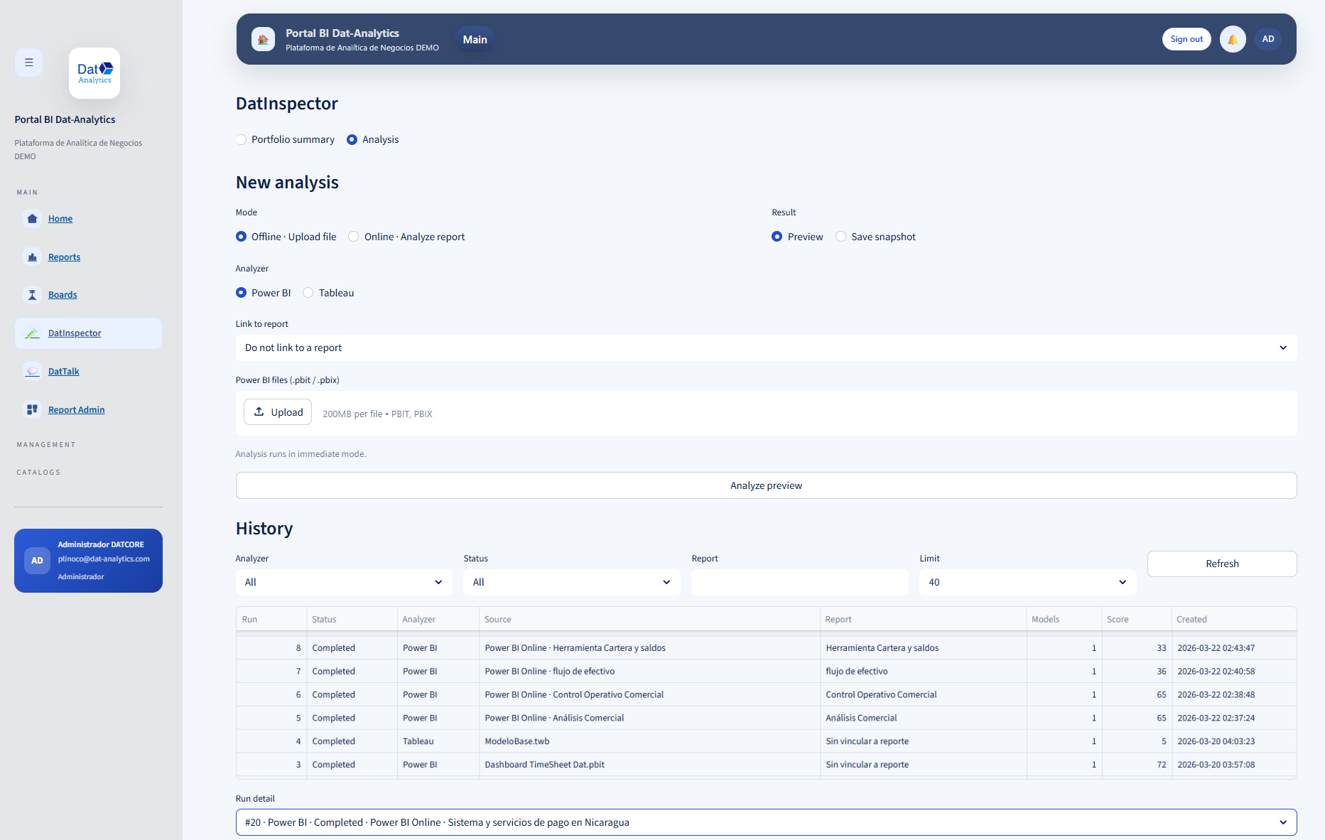 Resumen de portafolio en DatInspector