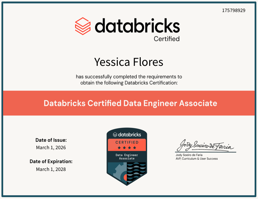Certificación Databricks Certified Data Engineer Associate de Yessica Flores